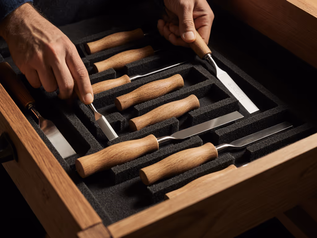 woodworker_organizing_chisels_in_tool_chest_drawer